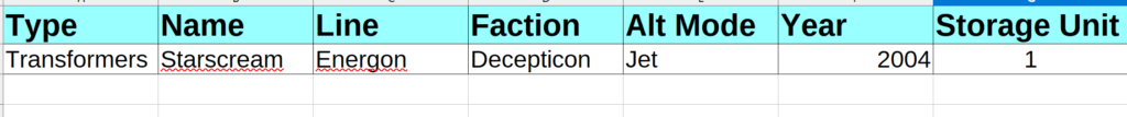 Action Figure Inventory Rows and Columns